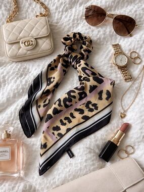 nOir Jewelry Leopard Print Silk Hair Scarf in Cream, Black & Pink